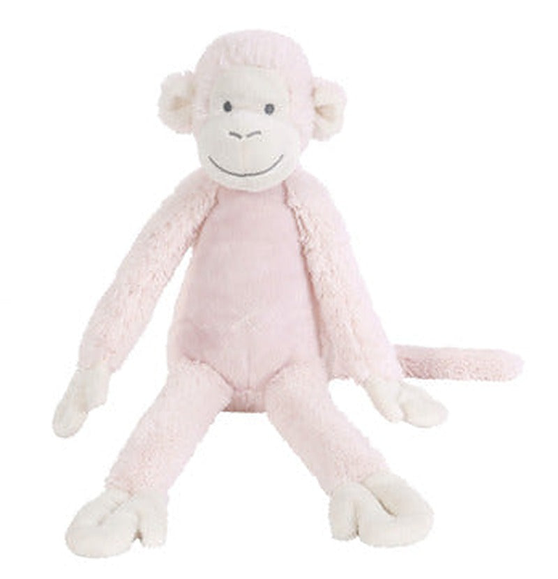 Pink plush monkey with long lanky arms and legs, soft body, sitting upright.