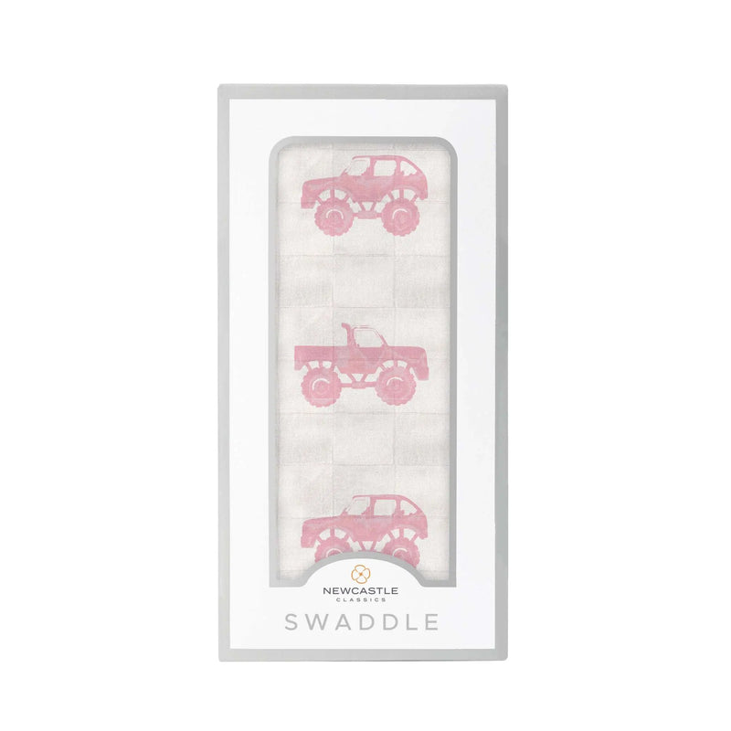 Pink Monster Trucks Bamboo Muslin Swaddle Blanket Soft Breathable Pre-Washed Fabric Newcastle Classics