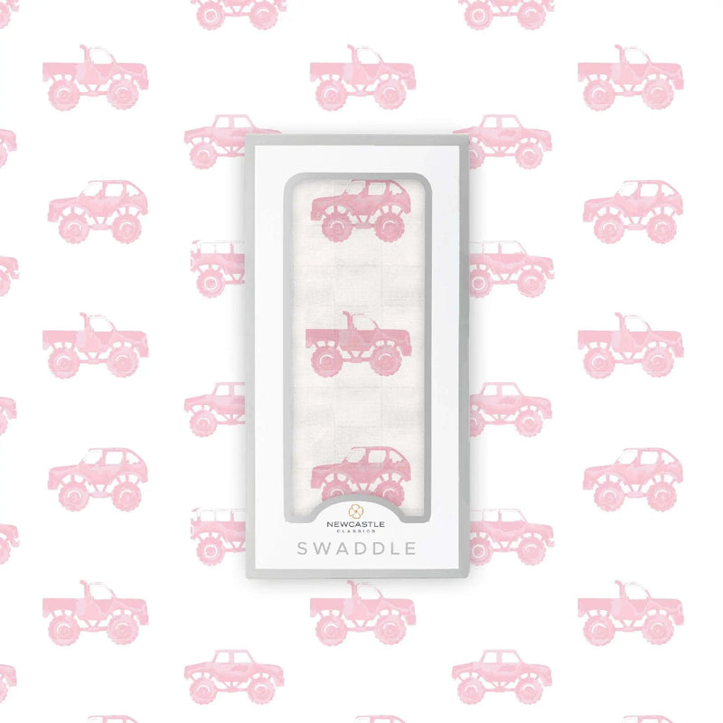 Pink Monster Trucks Bamboo Muslin Swaddle Blanket Soft Breathable Pre-Washed Fabric Newcastle Classics