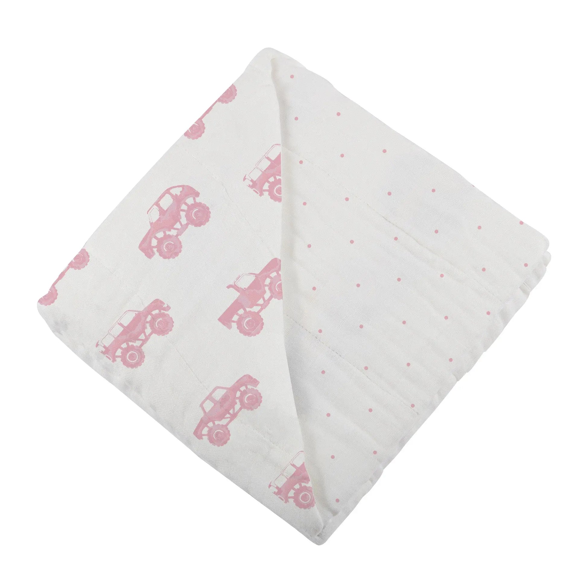 Pink Monster Trucks and Pink Polka Dot Bamboo Blanket 100 Percent Natural Muslin 47 Inch x 47 Inch Newcastle Classics