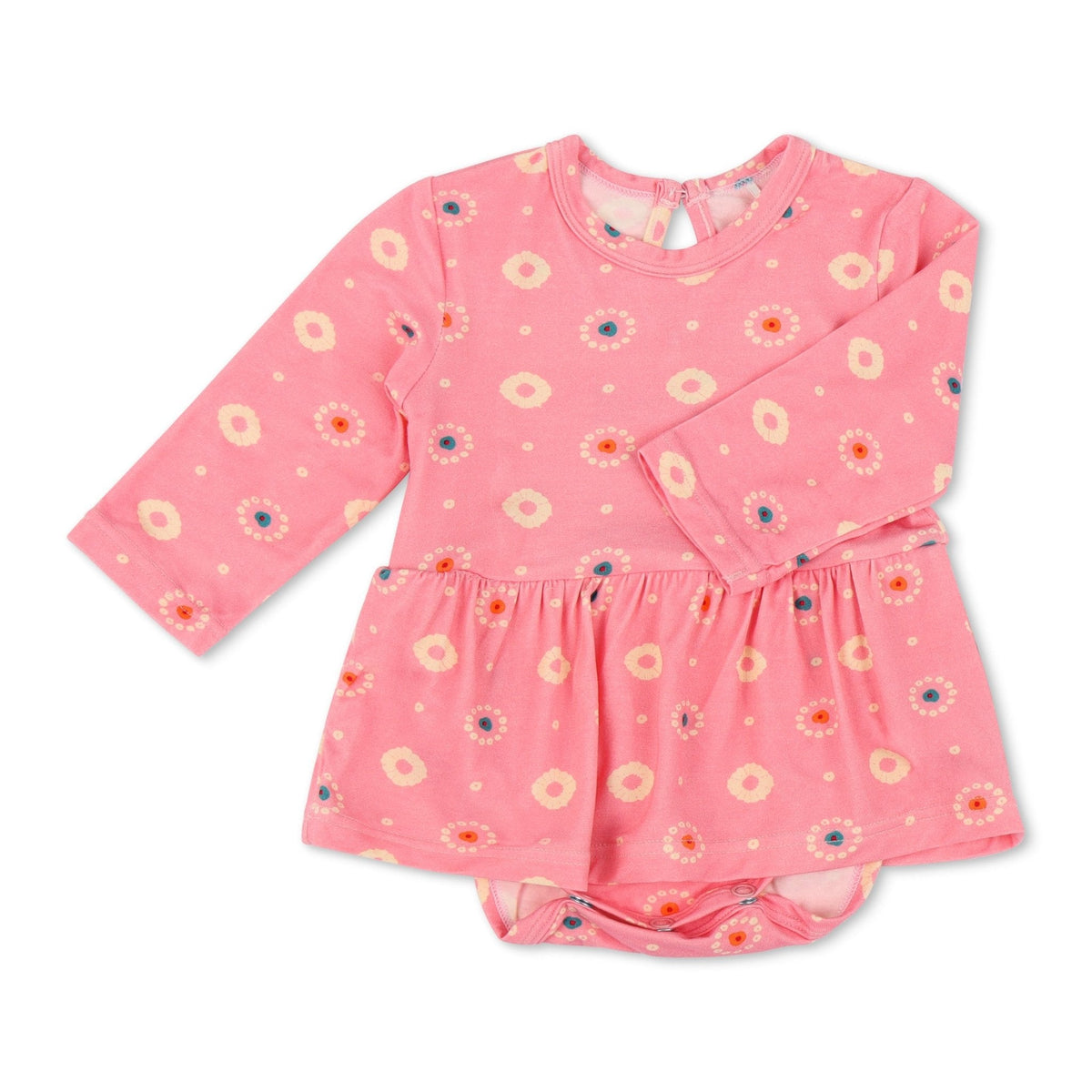 Pink bodysuit dress with floral pattern, long sleeves, and snap closure at the inseam.