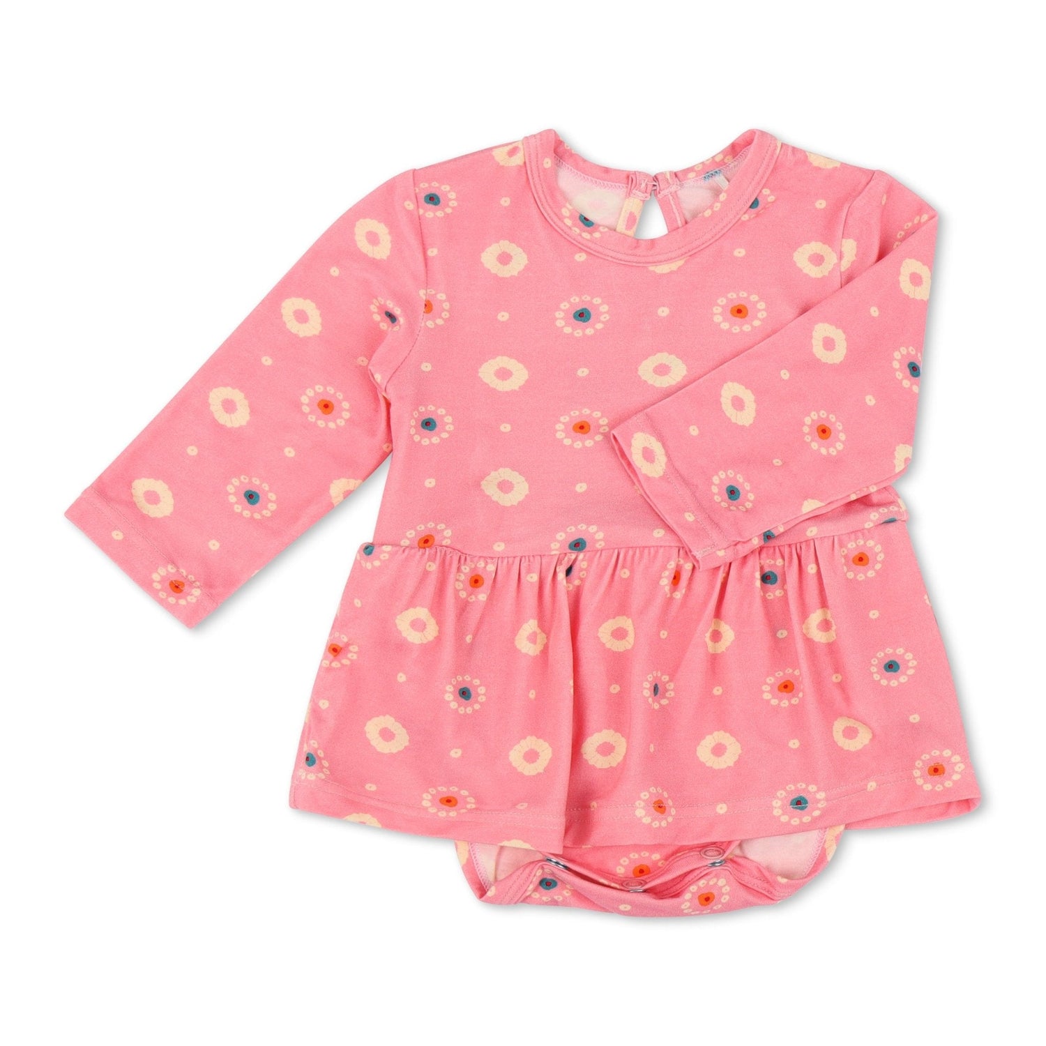 Pink bodysuit dress with floral pattern, long sleeves, and snap closure at the inseam.