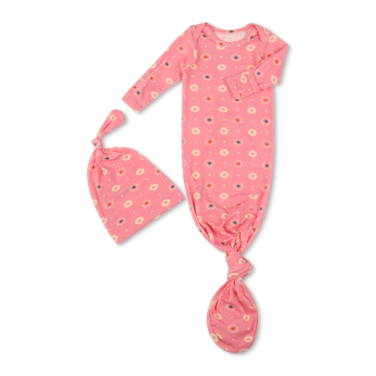 Pink baby knot gown with matching hat, fold-over hand mittens, and a floral petal design