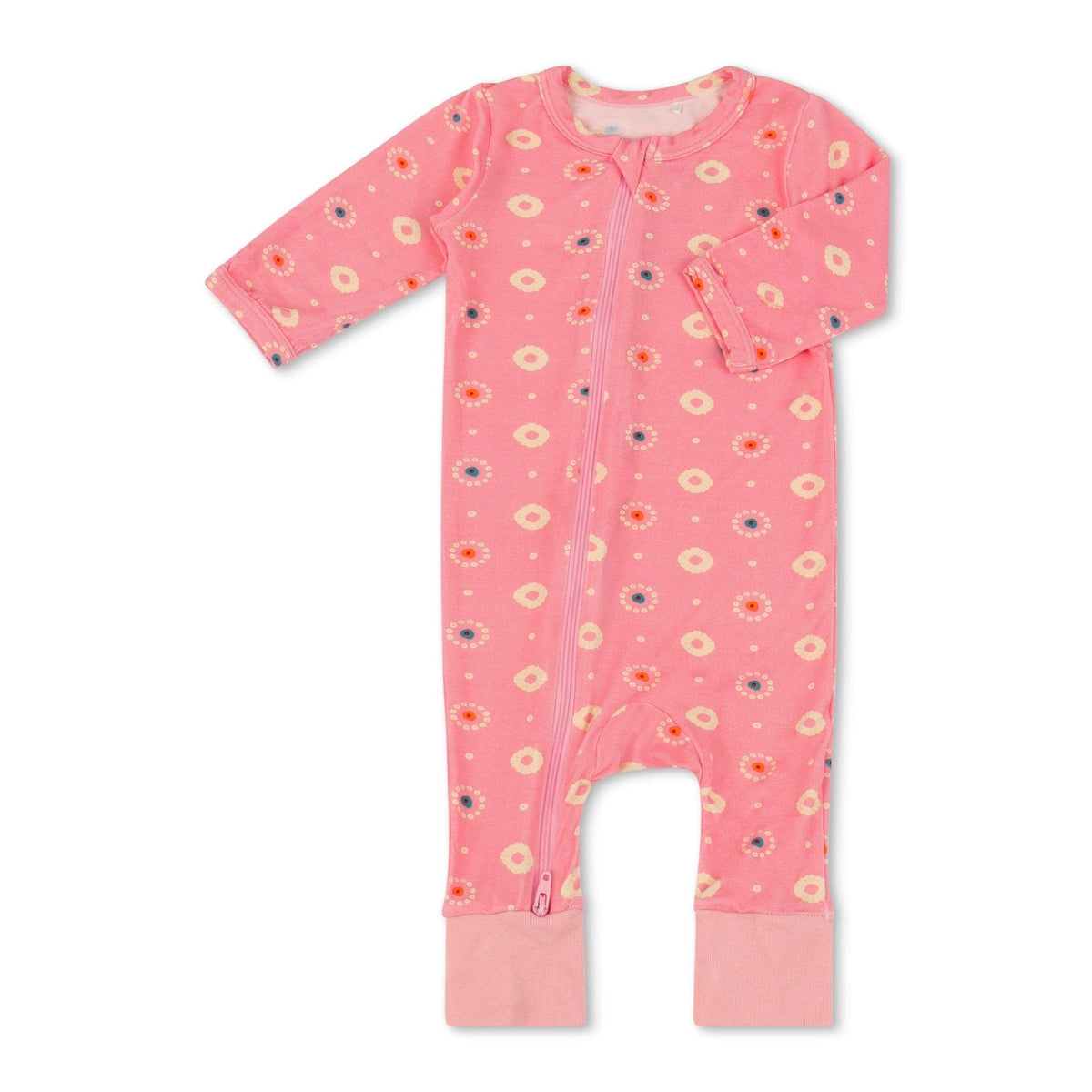 Baby coverall in pink petal print with front zipper and cuffed ankles