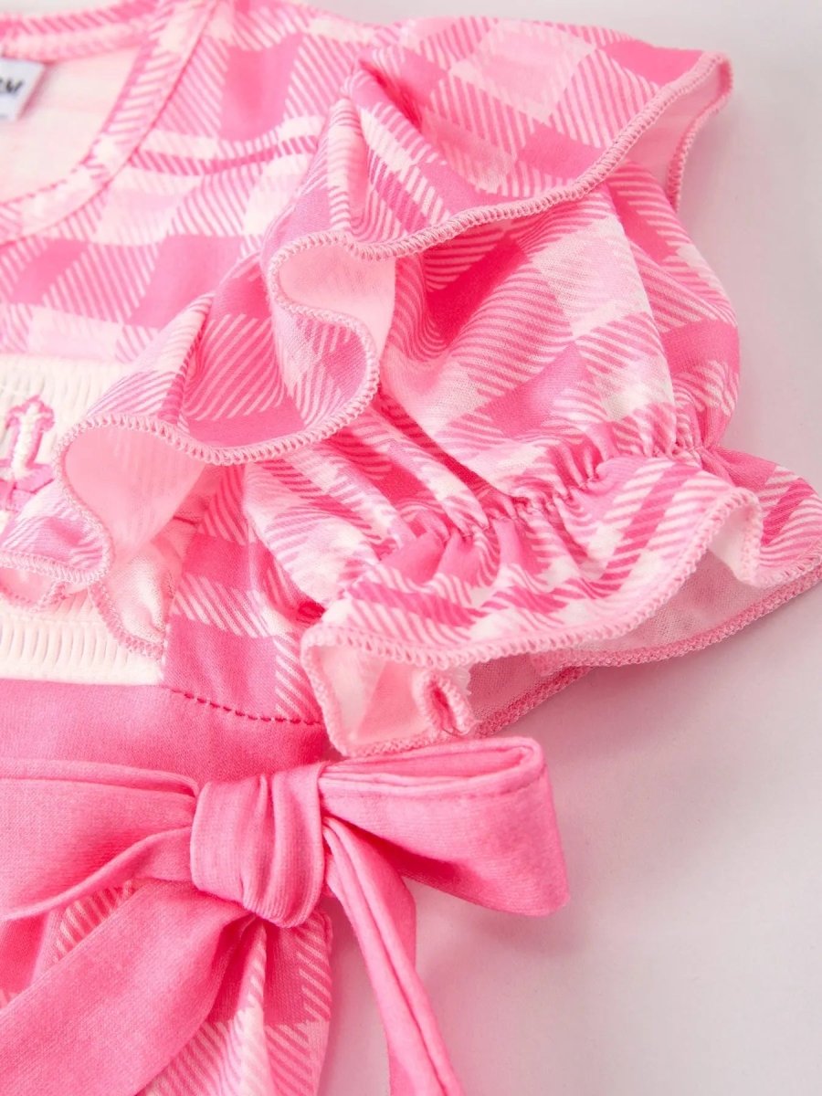 Rylee Faith Designs Pink Plaid Smocked Church Christ Bishop Christening Romper - Everetts Place Boutique - 