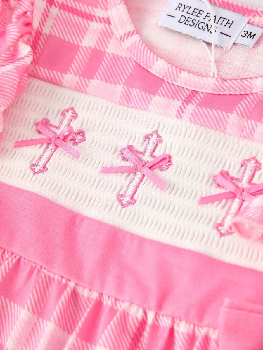 Rylee Faith Designs Pink Plaid Smocked Church Christ Bishop Christening Romper - Everetts Place Boutique - 