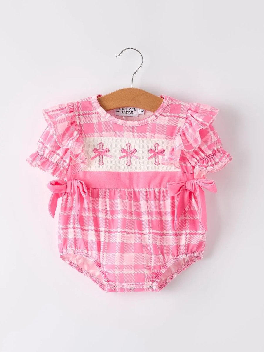 Rylee Faith Designs Pink Plaid Smocked Church Christ Bishop Christening Romper - Everetts Place Boutique - 