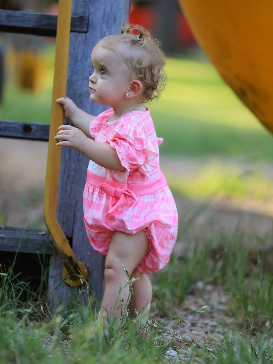 Rylee Faith Designs Pink Plaid Smocked Church Christ Bishop Christening Romper - Everetts Place Boutique - 