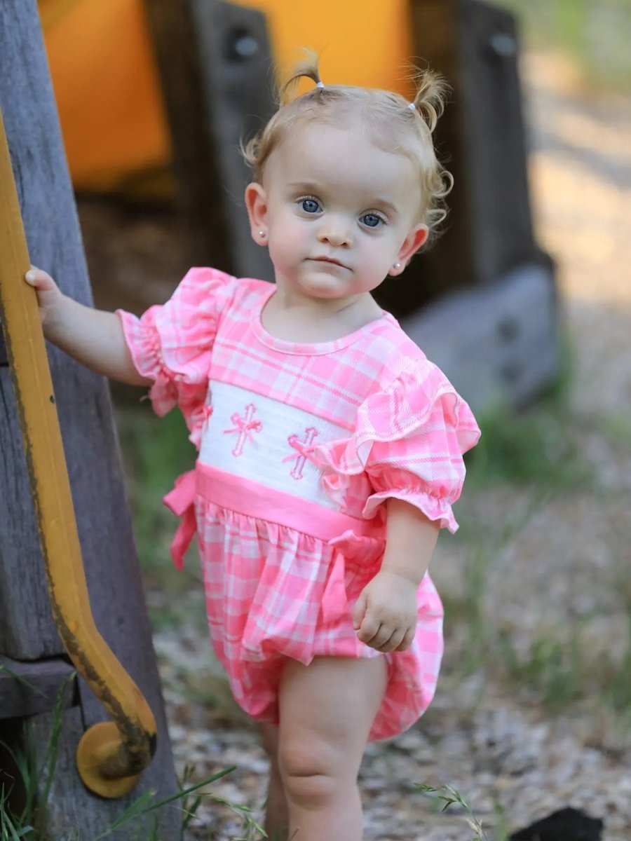 Rylee Faith Designs Pink Plaid Smocked Church Christ Bishop Christening Romper - Everetts Place Boutique - 