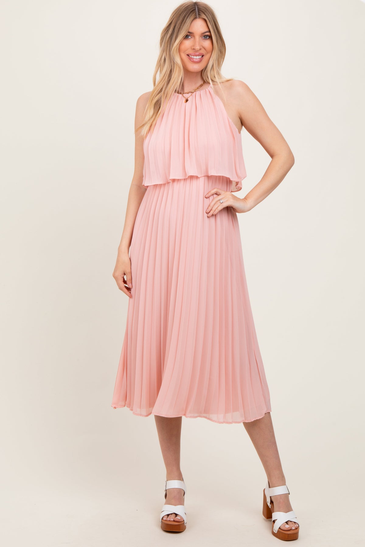 PinkBlush Pink Pleated Woven Maternity Midi Dress