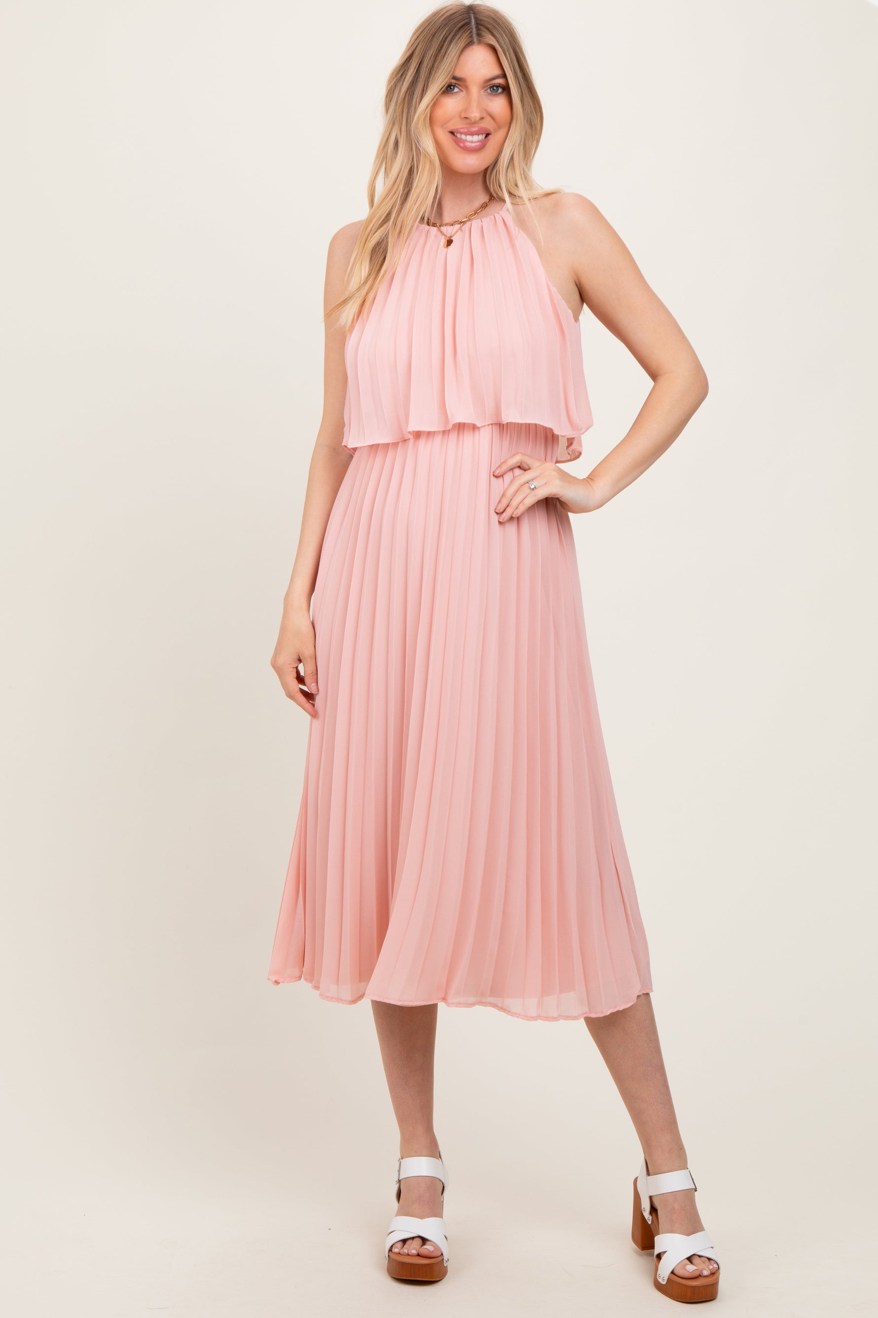PinkBlush Pink Pleated Woven Maternity Midi Dress