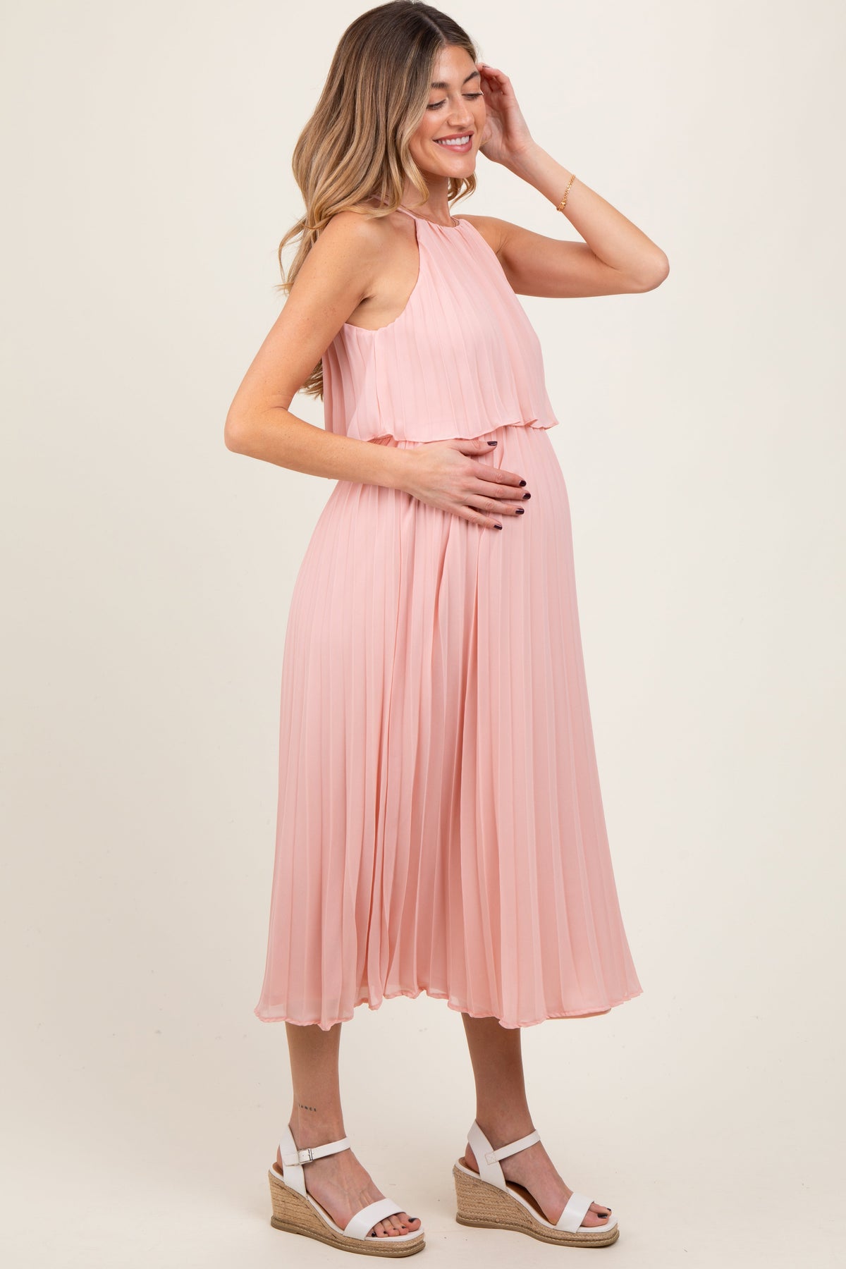 PinkBlush Pink Pleated Woven Maternity Midi Dress