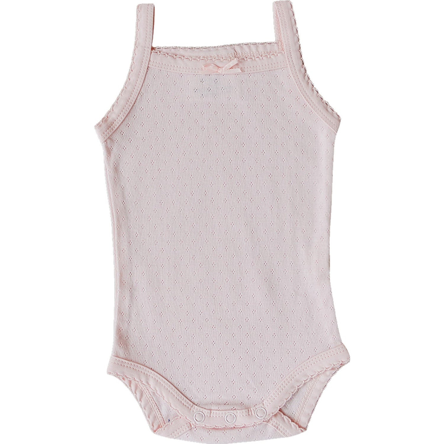 Sleeveless pink pointelle knit baby bodysuit with bottom snaps.