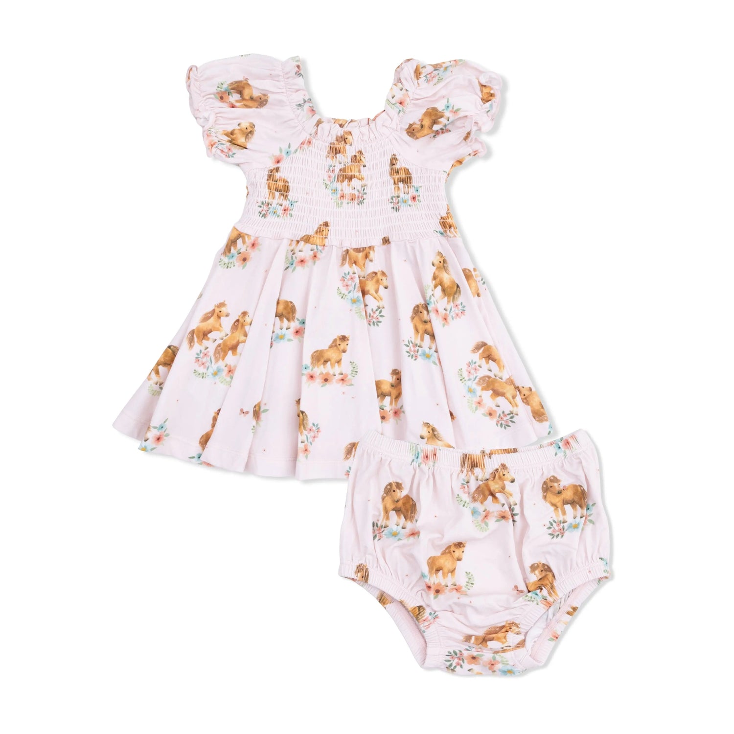 Angel Dear Pink Ponies - Smocked Twirly Dress and Bloomer - 
