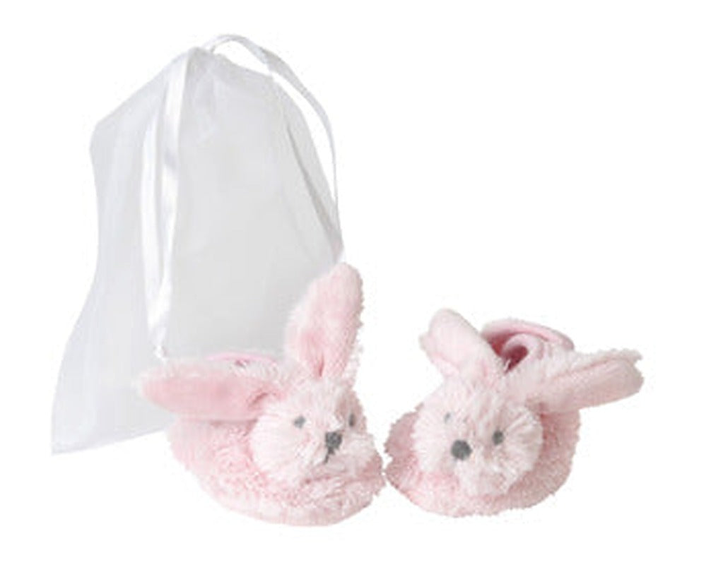 Pair of pink rabbit slippers presented in a sheer organza gift bag