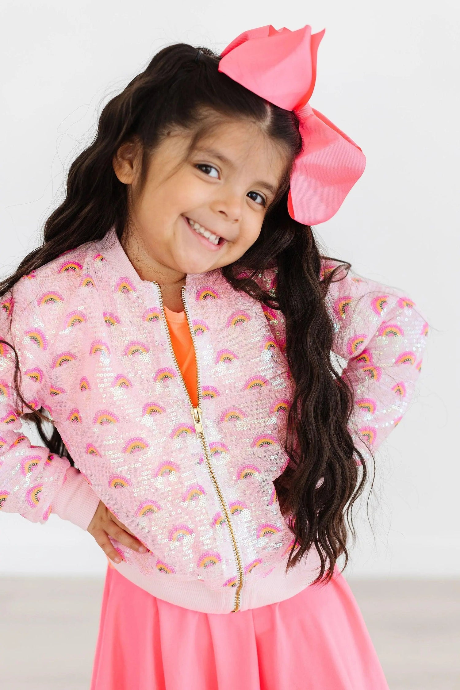 Pink Rainbow Sequin Jacket - Clothing, Sleeve, Pink, Textile, Facial expression | Everetts Place