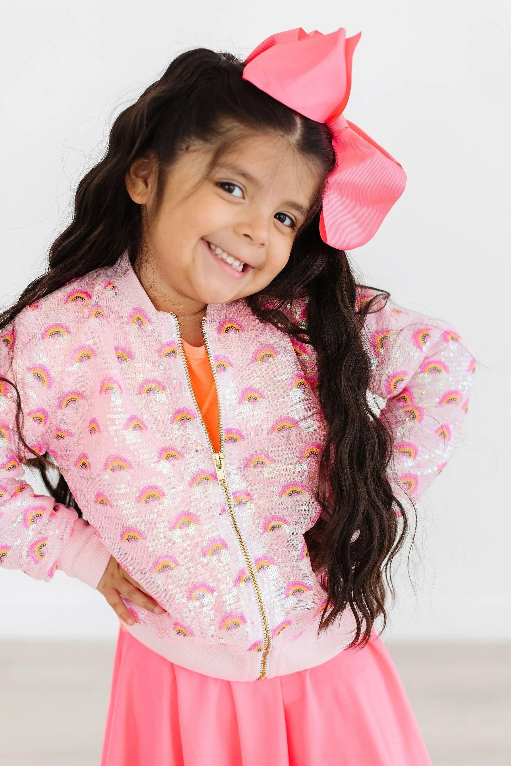 Pink Rainbow Sequin Jacket - Clothing, Sleeve, Pink, Textile, Facial expression | Everetts Place