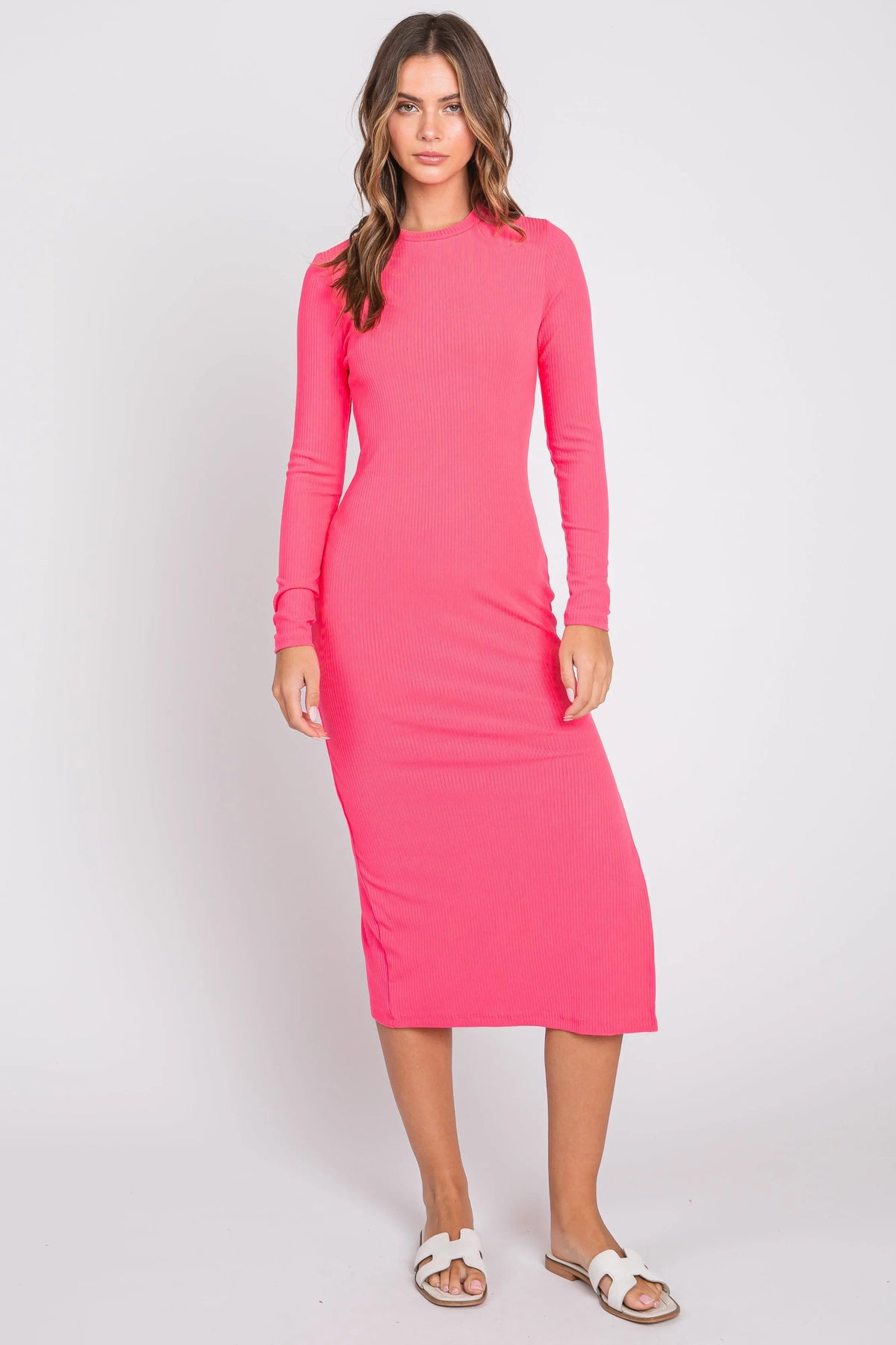PinkBlush Pink Ribbed Mock Neck Long Sleeve Maternity Midi Dress - 