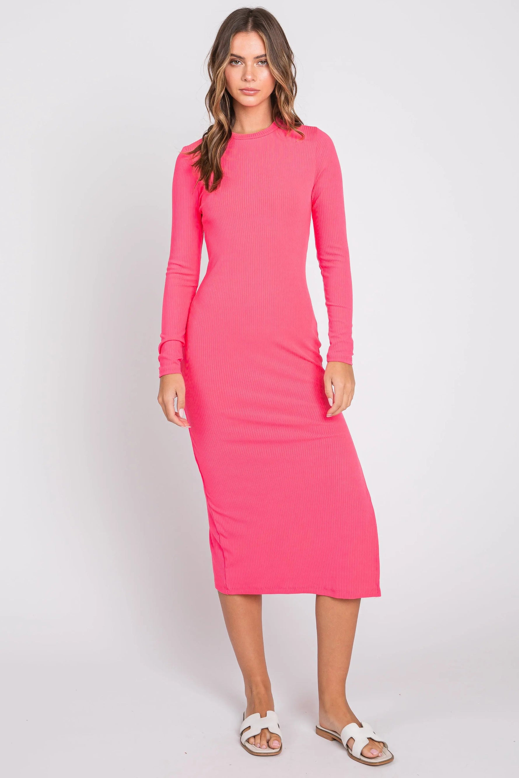 PinkBlush Pink Ribbed Mock Neck Long Sleeve Maternity Midi Dress - 