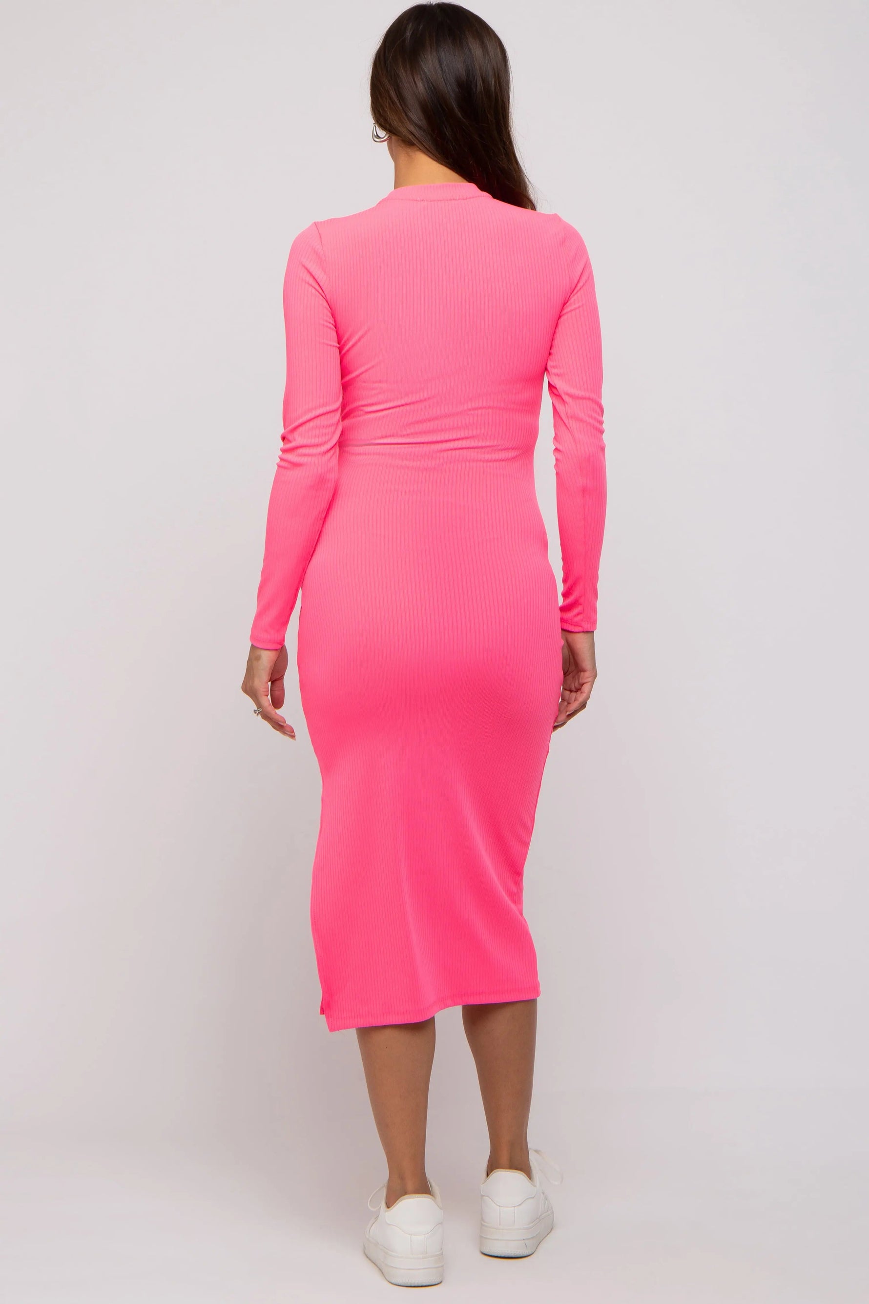 PinkBlush Pink Ribbed Mock Neck Long Sleeve Maternity Midi Dress - 