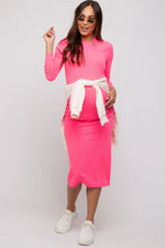 PinkBlush Pink Ribbed Mock Neck Long Sleeve Maternity Midi Dress - 