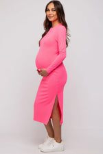 PinkBlush Pink Ribbed Mock Neck Long Sleeve Maternity Midi Dress - 