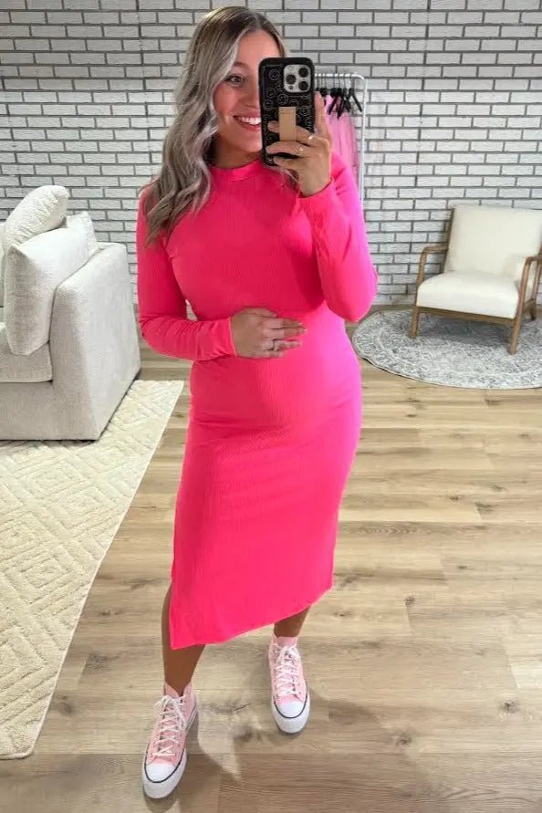 Pink Ribbed Mock Neck Long Sleeve Maternity Midi Dress - Fashion, Dress, Waist, One-piece garment, Day Dress | Everetts Place