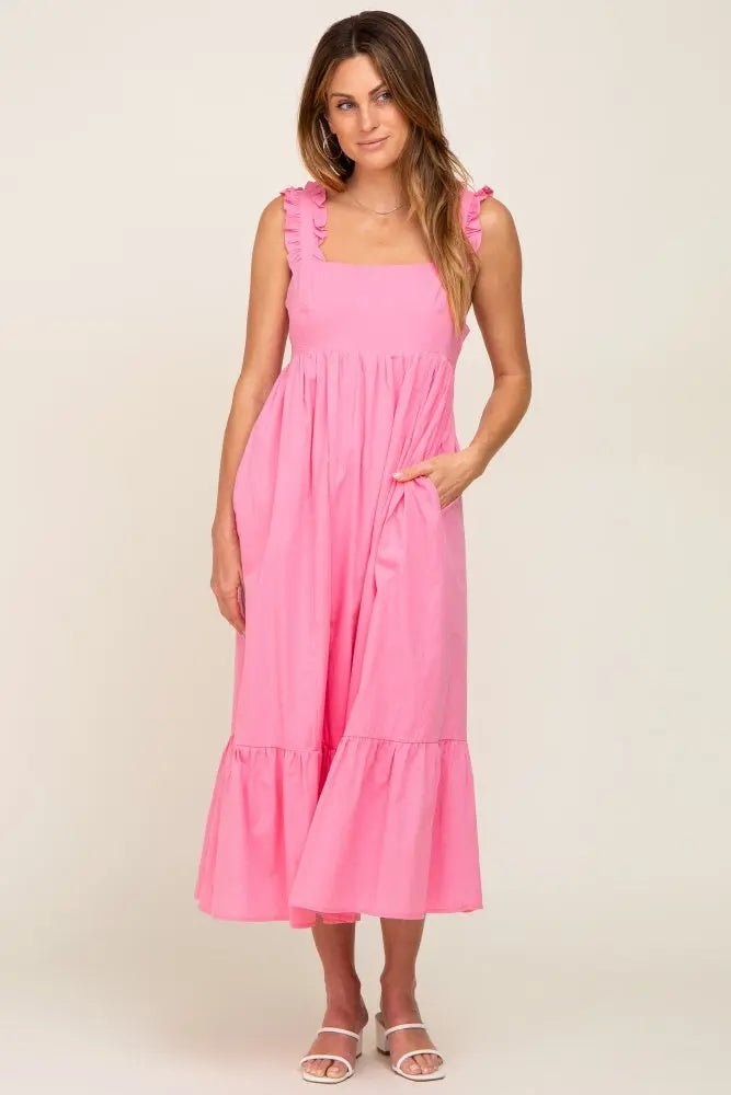 PinkBlush Pink Ruffle Accent Back Tie Midi Dress - 
