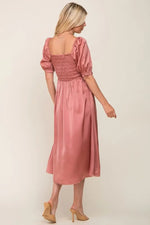 PinkBlush Pink Satin Puff Sleeve Midi Dress - 