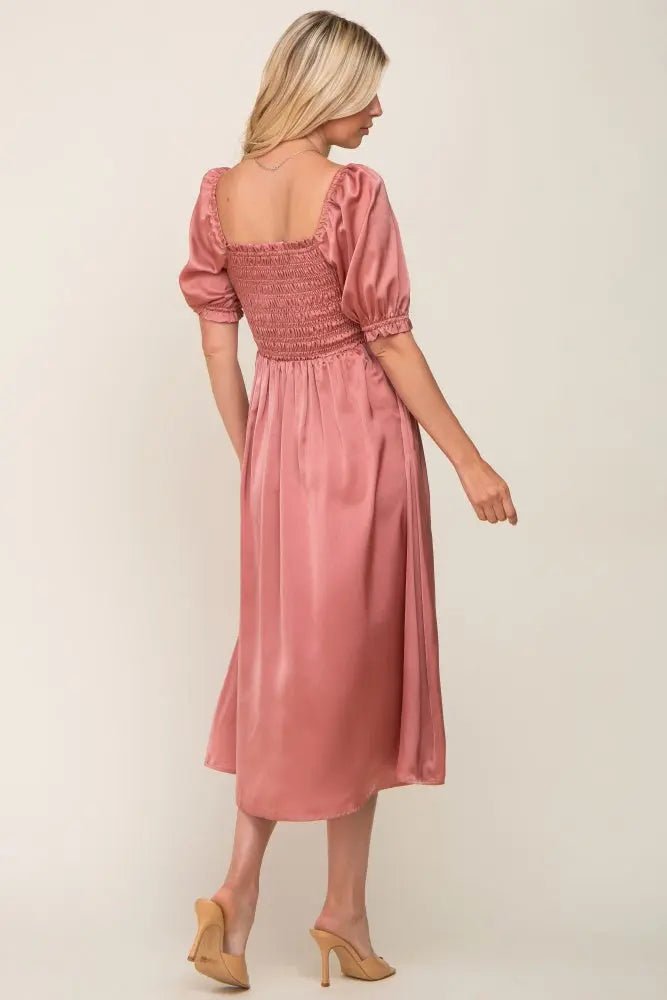 PinkBlush Pink Satin Puff Sleeve Midi Dress - 