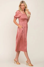 PinkBlush Pink Satin Puff Sleeve Midi Dress - 