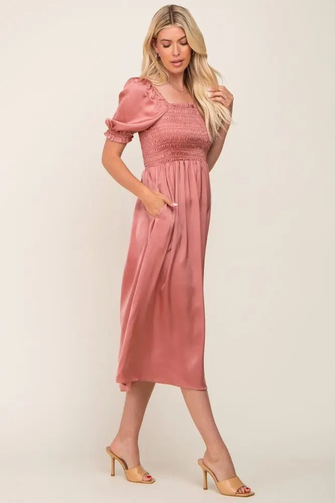 PinkBlush Pink Satin Puff Sleeve Midi Dress - 