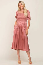 Pink Satin Puff Sleeve Midi Dress - Dress, One-piece garment, Day Dress, Fashion, Pink | Everetts Place