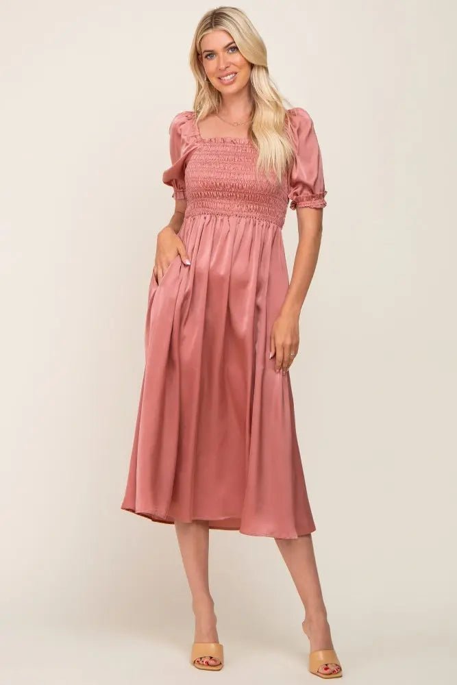 Pink Satin Puff Sleeve Midi Dress - Dress, One-piece garment, Day Dress, Fashion, Pink | Everetts Place