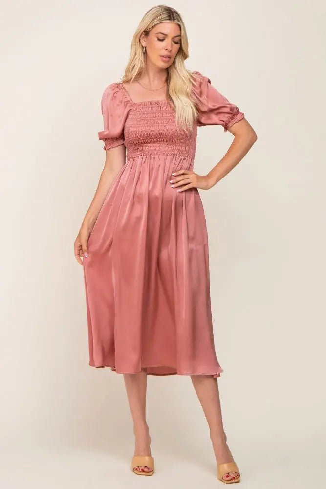 PinkBlush Pink Satin Puff Sleeve Midi Dress - 