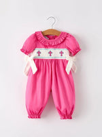 Rylee Faith Designs Pink Smocked Church Bishop Christening Bow Baby Girl Romper - Everetts Place Boutique - 
