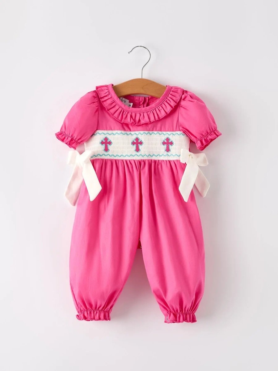 Rylee Faith Designs Pink Smocked Church Bishop Christening Bow Baby Girl Romper - Everetts Place Boutique - 