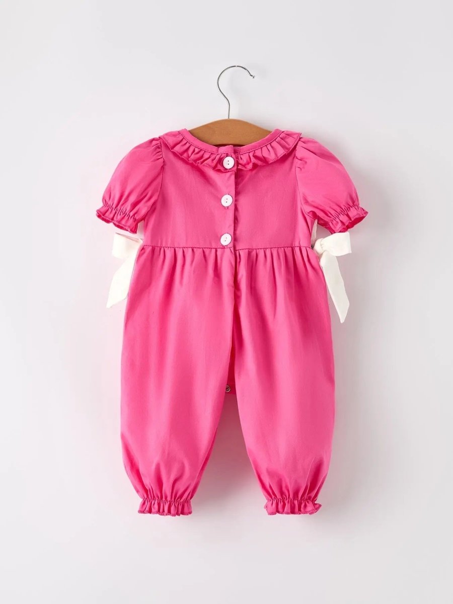 Rylee Faith Designs Pink Smocked Church Bishop Christening Bow Baby Girl Romper - Everetts Place Boutique - 