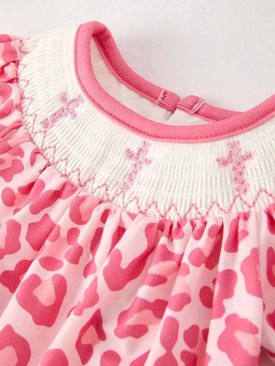 Rylee Faith Designs Pink Smocked Church Bishop Christening Leopard Baby Girl Romper - Everetts Place Boutique - 