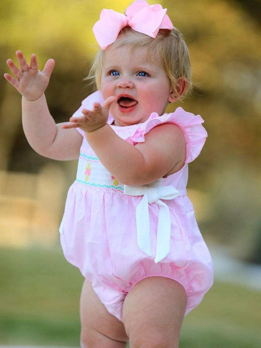 Rylee Faith Designs Pink Smocked Church Bishop Christening Romper for Baby Girls - Everetts Place Boutique - 