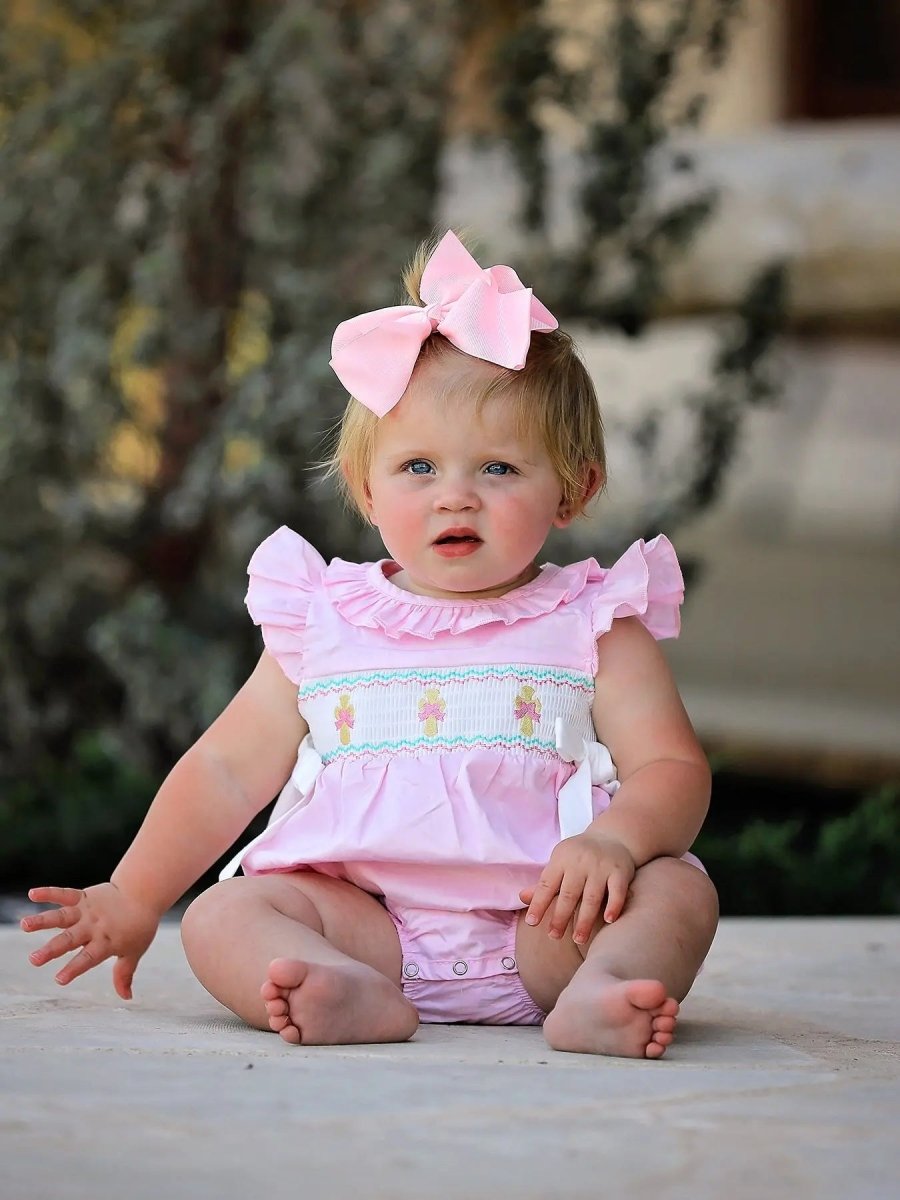 Rylee Faith Designs Pink Smocked Church Bishop Christening Romper for Baby Girls - Everetts Place Boutique - 