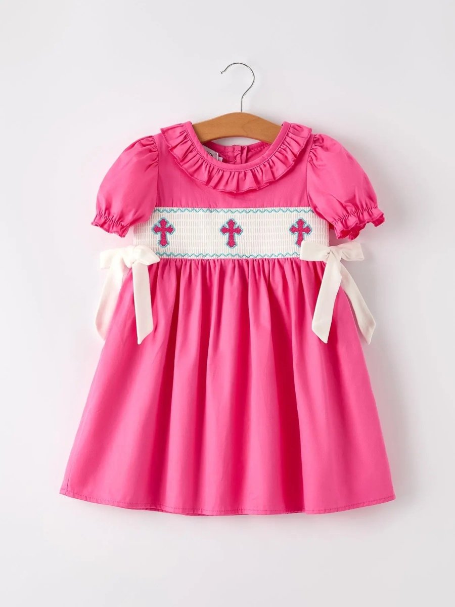 Rylee Faith Designs Pink Smocked Church Christ Bishop Christening Bow Girl Dress - Everetts Place Boutique - 