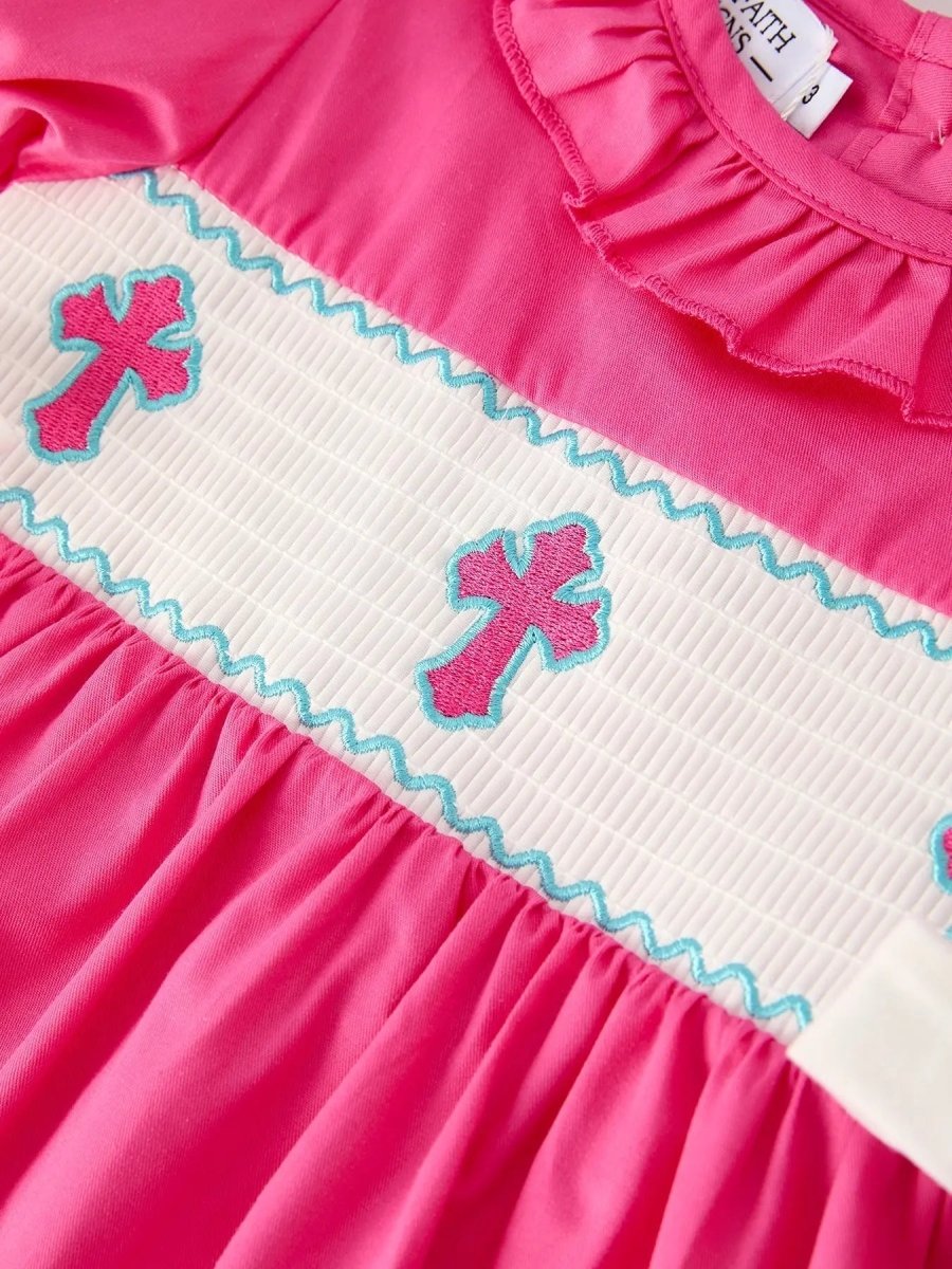 Rylee Faith Designs Pink Smocked Church Christ Bishop Christening Bow Girl Dress - Everetts Place Boutique - 