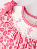 Rylee Faith Designs Pink Smocked Church Dress Leopard Accents Bishop Style Girl Christening Outfit -