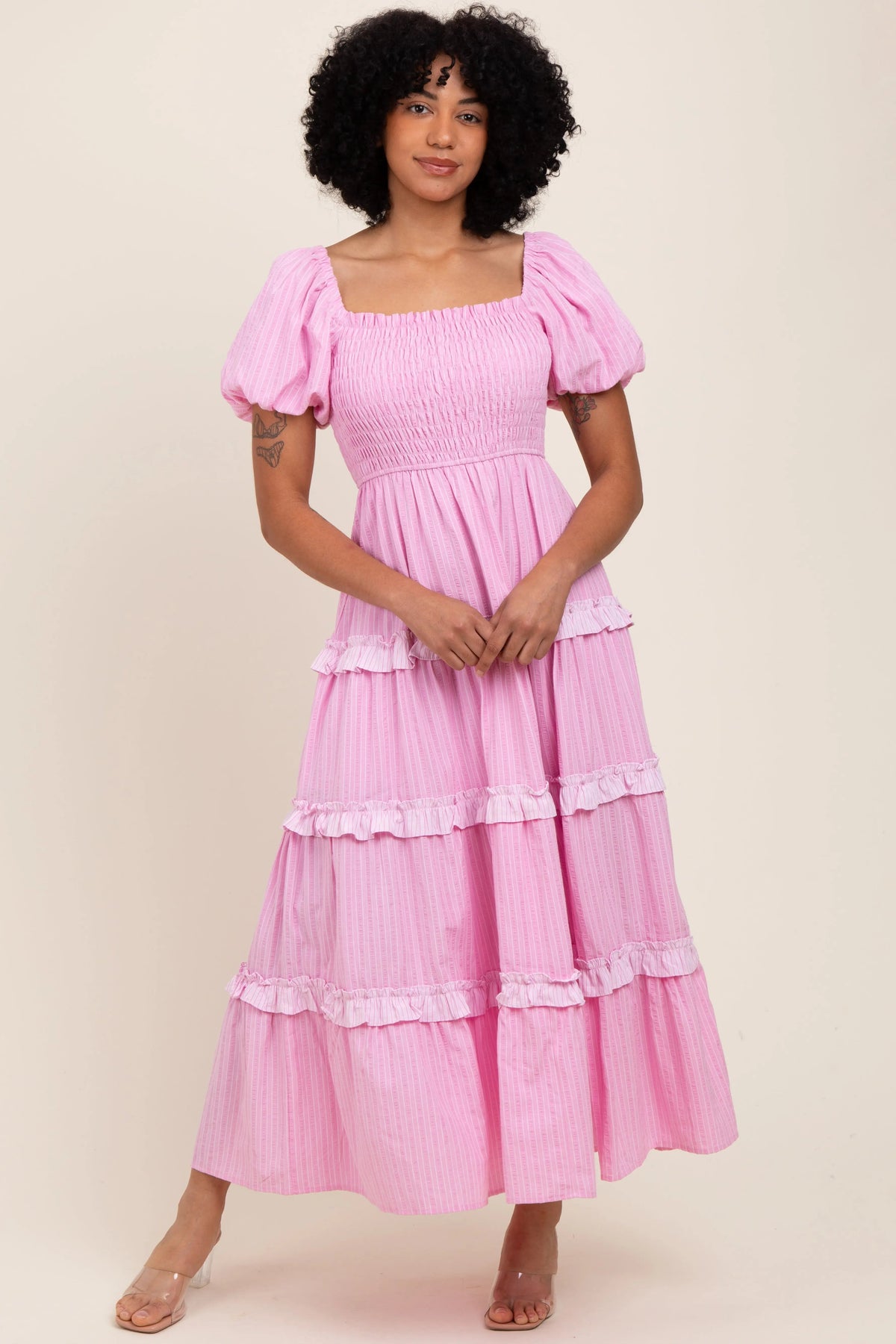 PinkBlush Pink Smocked Ruffle Tiered Puff Sleeve Maternity Maxi Dress - 