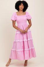 PinkBlush Pink Smocked Ruffle Tiered Puff Sleeve Maternity Maxi Dress - 