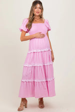 PinkBlush Pink Smocked Ruffle Tiered Puff Sleeve Maternity Maxi Dress - 