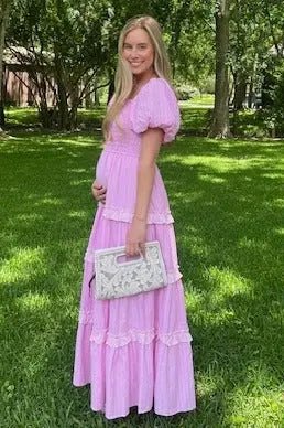 PinkBlush Pink Smocked Ruffle Tiered Puff Sleeve Maternity Maxi Dress - 