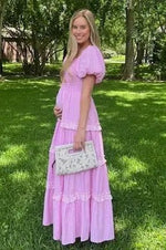 PinkBlush Pink Smocked Ruffle Tiered Puff Sleeve Maternity Maxi Dress - 