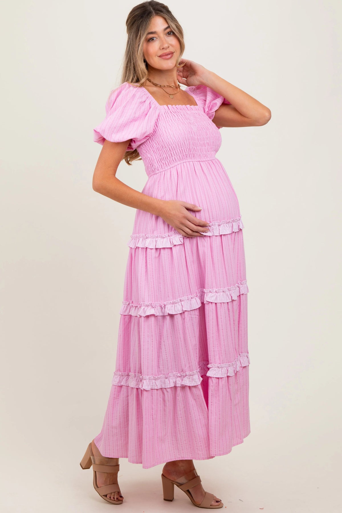 PinkBlush Pink Smocked Ruffle Tiered Puff Sleeve Maternity Maxi Dress - 